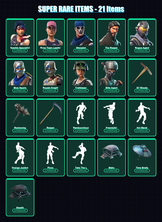 [PS4/PS5/XBOX/PC] | Sparkle Specialist | Rose Team Leader | Warpaint | The Reaper | Rogue Agent | 91 skin | 76 pickaxe | 97 emote | 77 glider | Lv10