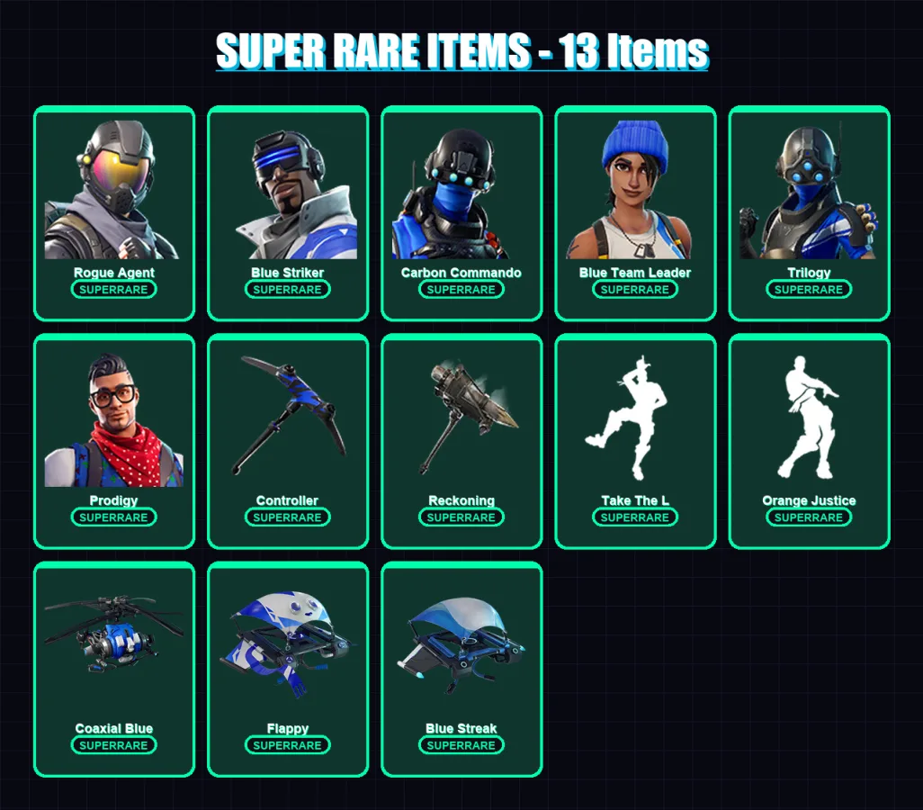 [PS4/PS5/XBOX/PC] | Rogue Agent | Blue Striker | Carbon Commando | Blue Team Leader | Trilogy | 22 skin | 14 pickaxe | 17 emote | 15 glider | Lv167