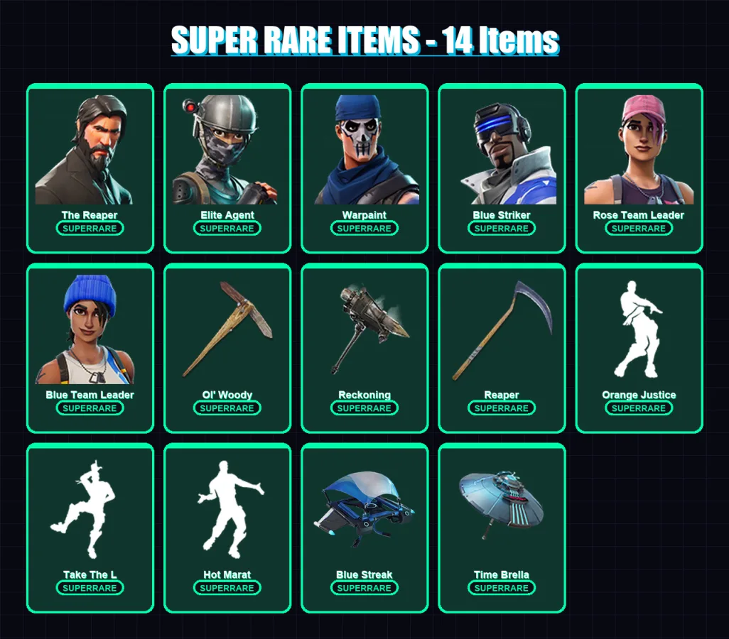 [PS4/PS5/PC] | The Reaper | Elite Agent | Warpaint | Blue Striker | Rose Team Leader | 45 skin | 36 pickaxe | 48 emote | 41 glider | Lv596