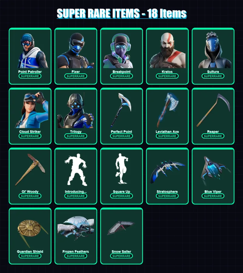 [PS4/PS5/XBOX/PC] | Point Patroller | Fixer | Breakpoint | Kratos | Sultura | 311 skin | 282 pickaxe | 200 emote | 179 glider | Lv2911