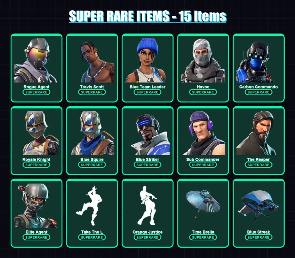 [PC/XBOX/PSN] | Rogue Agent | Travis Scott | Blue Team Leader | Havoc | Carbon Commando | 54 skin | 80 pickaxe | 63 emote | 76 glider | Lv987