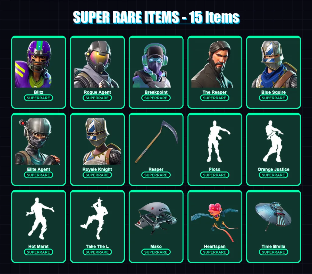 [PS4/PS5/XBOX/PC] | Blitz | Rogue Agent | Breakpoint | The Reaper | Blue Squire | 28 skin | 72 pickaxe | 60 emote | 70 glider | Lv1135