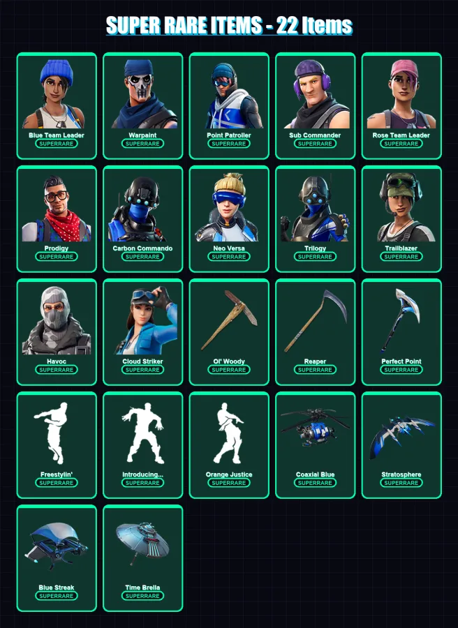 [PC] | Blue Team Leader | Warpaint | Point Patroller | Sub Commander | Rose Team Leader | 100 skin | 150 pickaxe | 154 emote | 118 glider | Lv1646