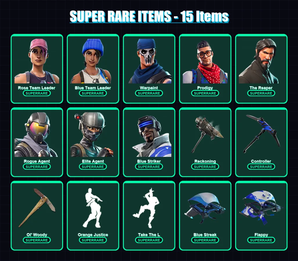 [PC/XBOX/PSN] | Rose Team Leader | Blue Team Leader | Warpaint | Prodigy | The Reaper | 36 skin | 26 pickaxe | 22 emote | 25 glider | Lv277