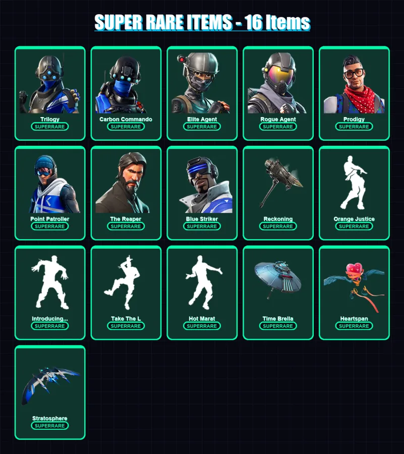 [PS4/PS5/XBOX/PC] | Trilogy | Carbon Commando | Elite Agent | Rogue Agent | Prodigy | 128 skin | 93 pickaxe | 108 emote | 106 glider | Lv1194