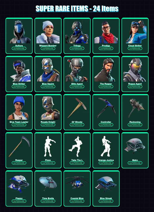 [PS4/PS5/XBOX/PC] | Sultura | Blizzard Bomber | Trilogy | Prodigy | Cloud Striker | 158 skin | 156 pickaxe | 119 emote | 116 glider | Lv1440