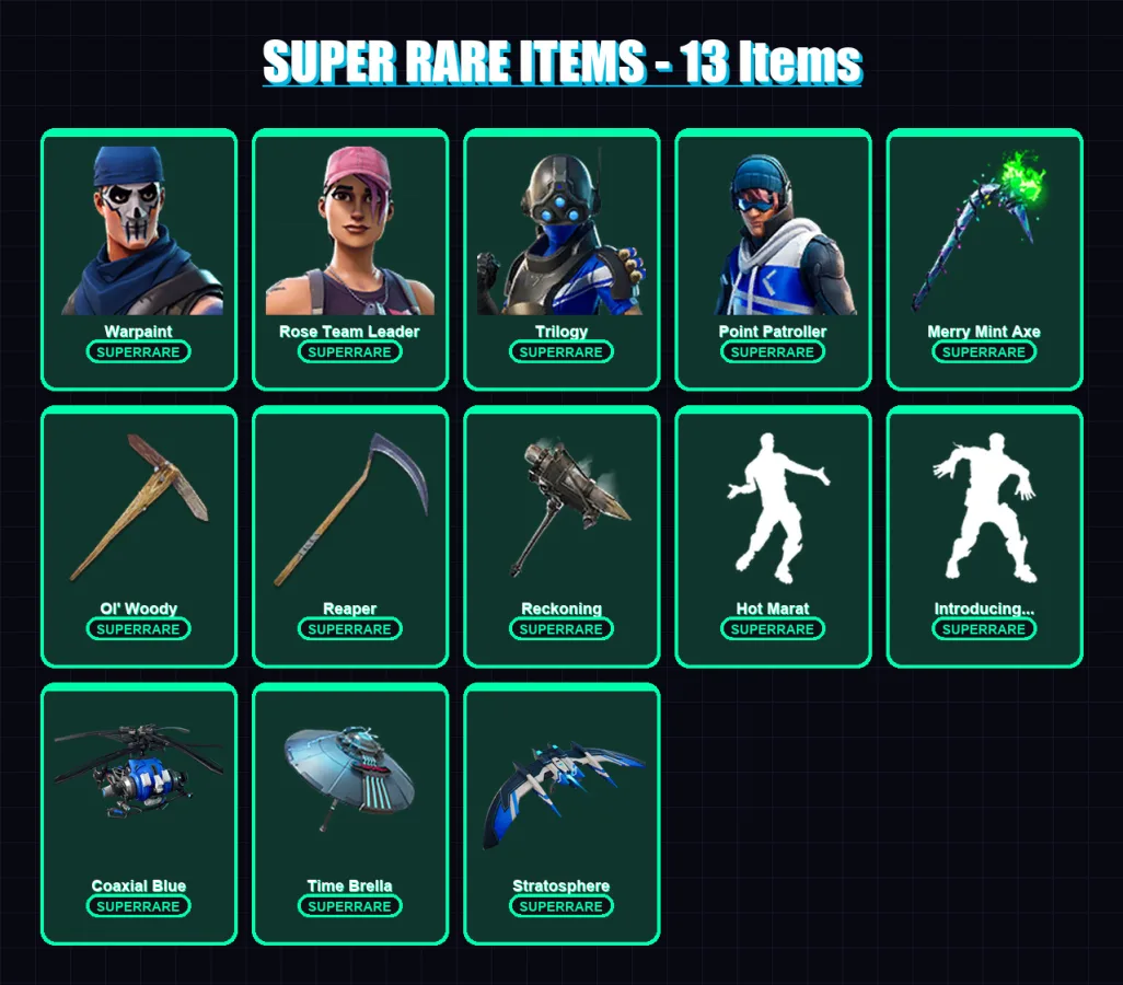 [PC/PSN] | Warpaint | Rose Team Leader | Trilogy | Point Patroller | Frozen Love Ranger | 188 skin | 181 pickaxe | 158 emote | 145 glider | Lv2102 — Fortnite account