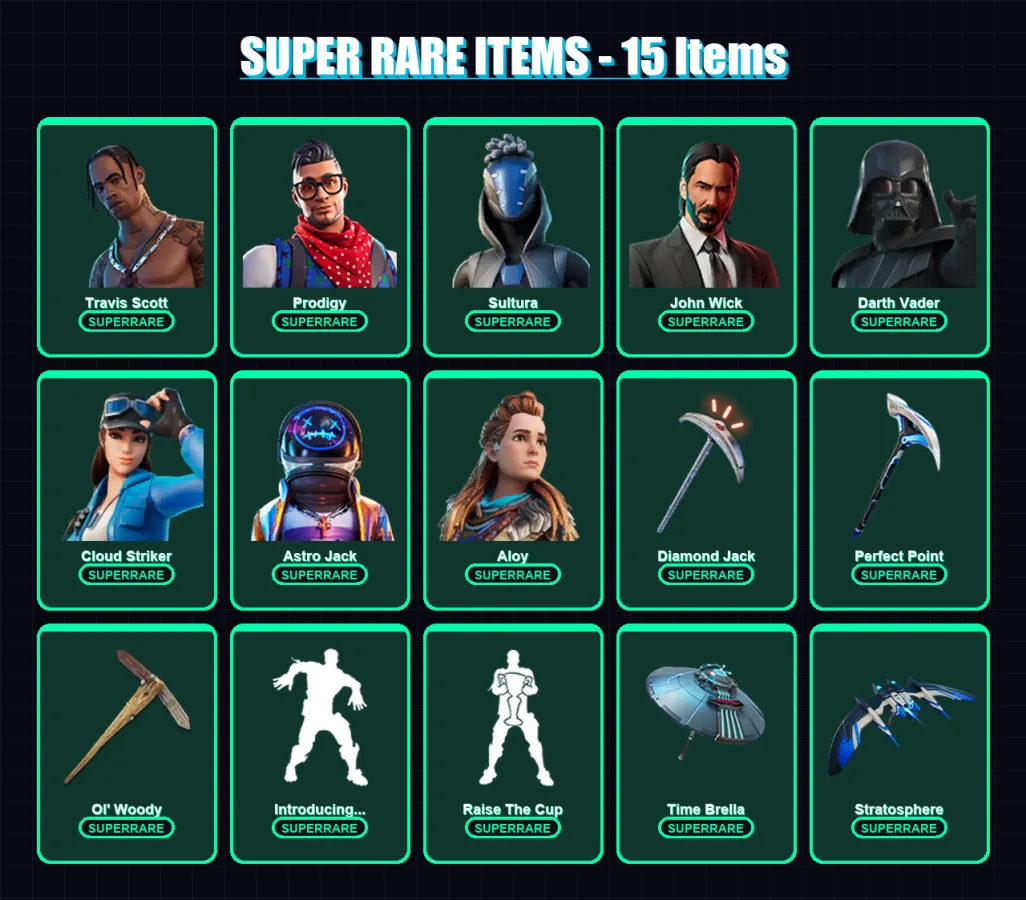 [PS4/PS5/XBOX/PC] | Travis Scott | Prodigy | Sultura | John Wick | Darth Vader | 363 skin | 270 pickaxe | 260 emote | 197 glider | Lv3815