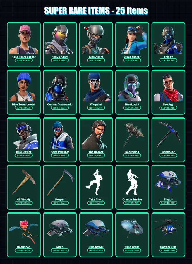[PS4/PS5/XBOX/PC] | Rose Team Leader | Rogue Agent | Elite Agent | Cloud Striker | Trilogy | 188 skin | 176 pickaxe | 139 emote | 157 glider | Lv213