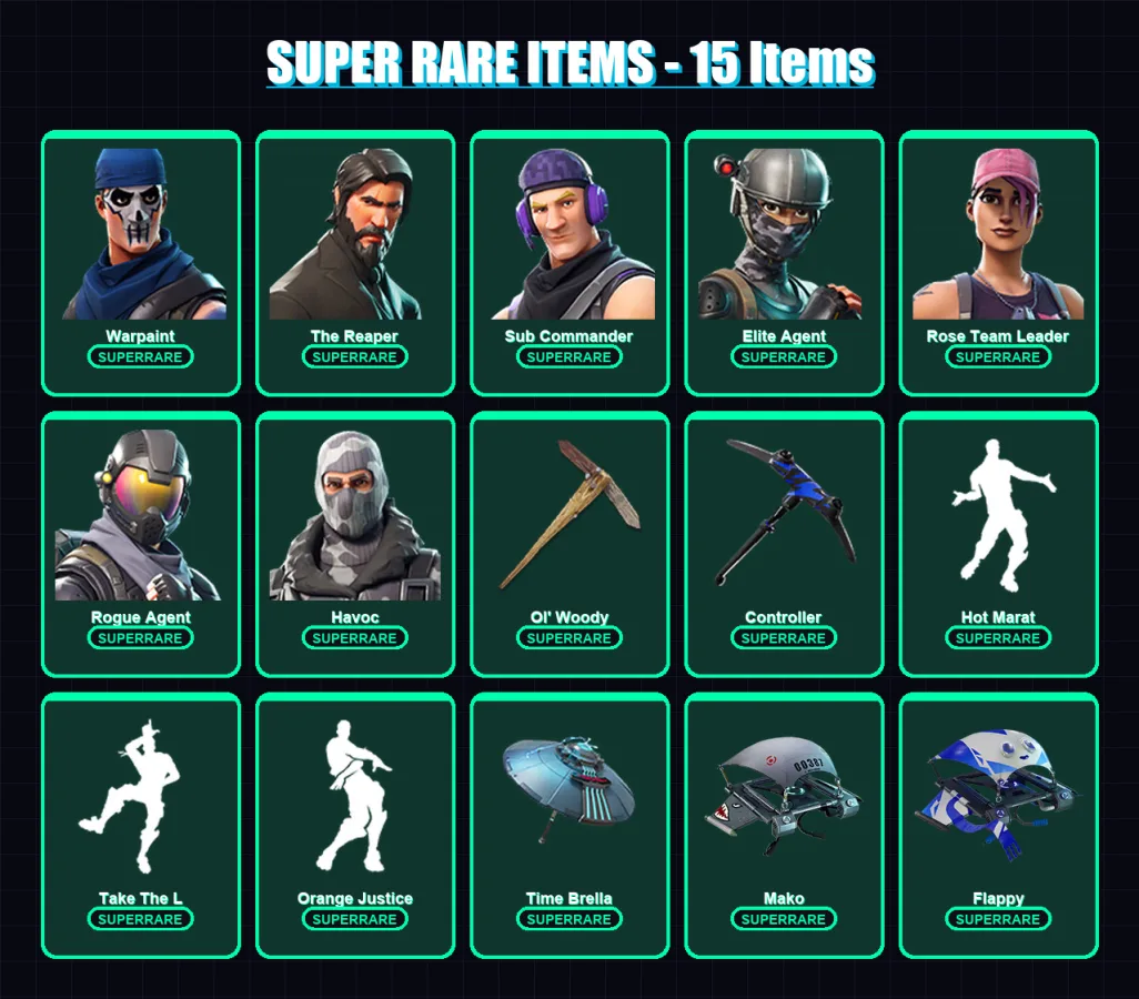 [PC/XBOX/PSN] | Warpaint | The Reaper | Sub Commander | Elite Agent | Rose Team Leader | 45 skin | 49 pickaxe | 44 emote | 59 glider | Lv1045
