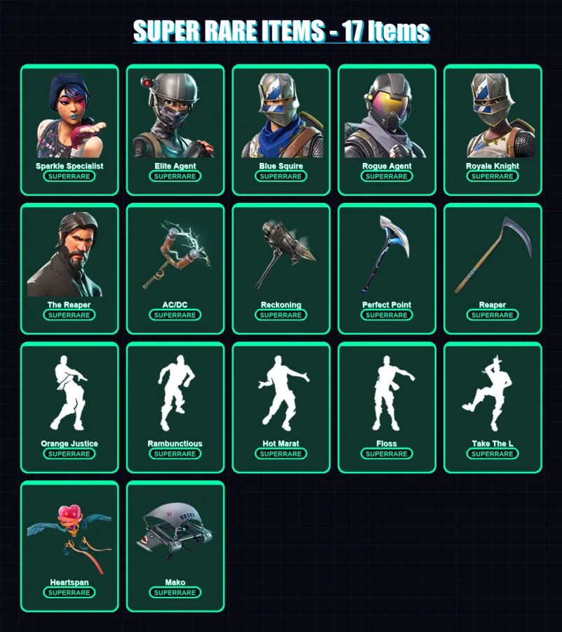 [PS4/PS5/XBOX/PC] | Sparkle Specialist | Elite Agent | Blue Squire | Rogue Agent | Royale Knight | 63 skin | 47 pickaxe | 56 emote | 47 glider | Lv7