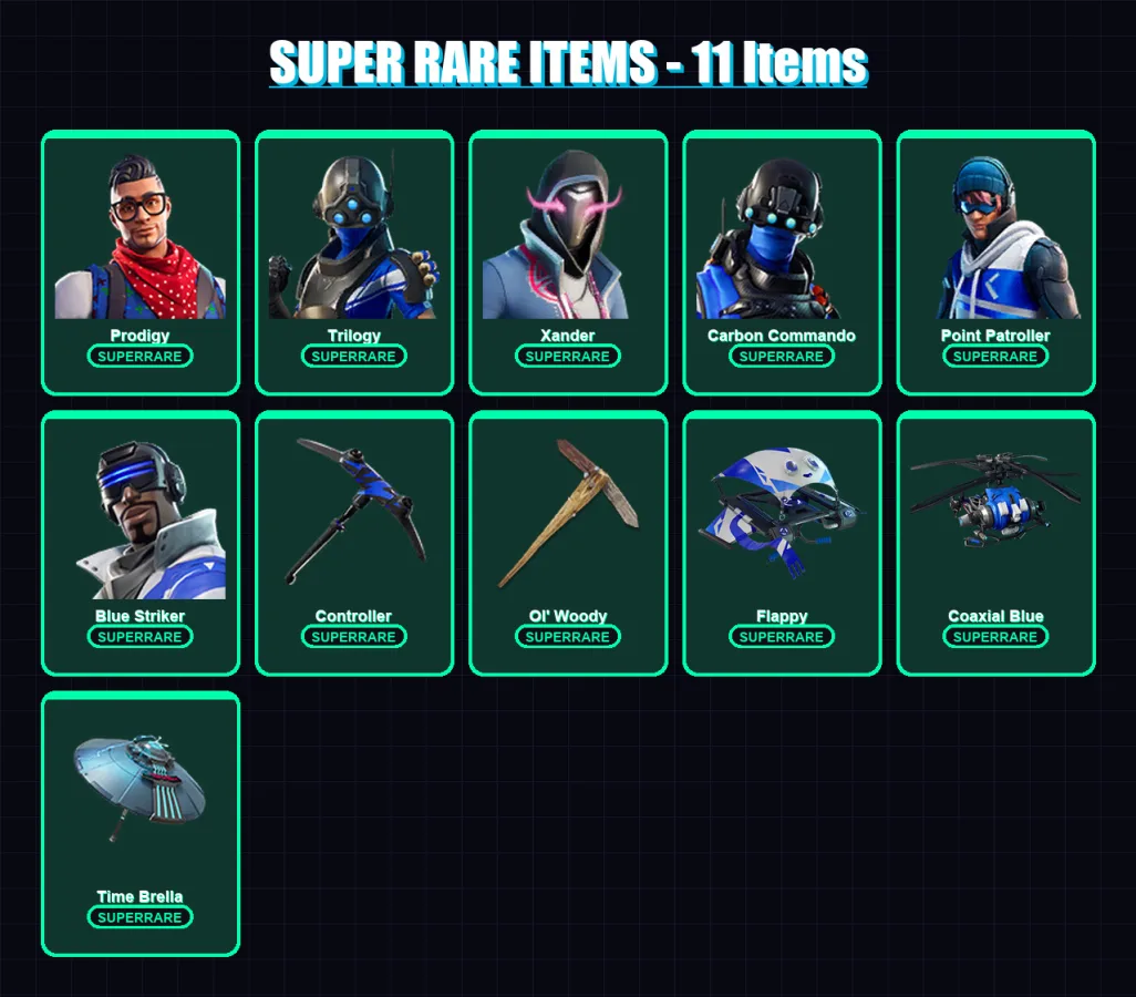 [PC/XBOX] | Prodigy | Trilogy | Xander | Carbon Commando | Point Patroller | 59 skin | 114 pickaxe | 83 emote | 101 glider | Lv1530