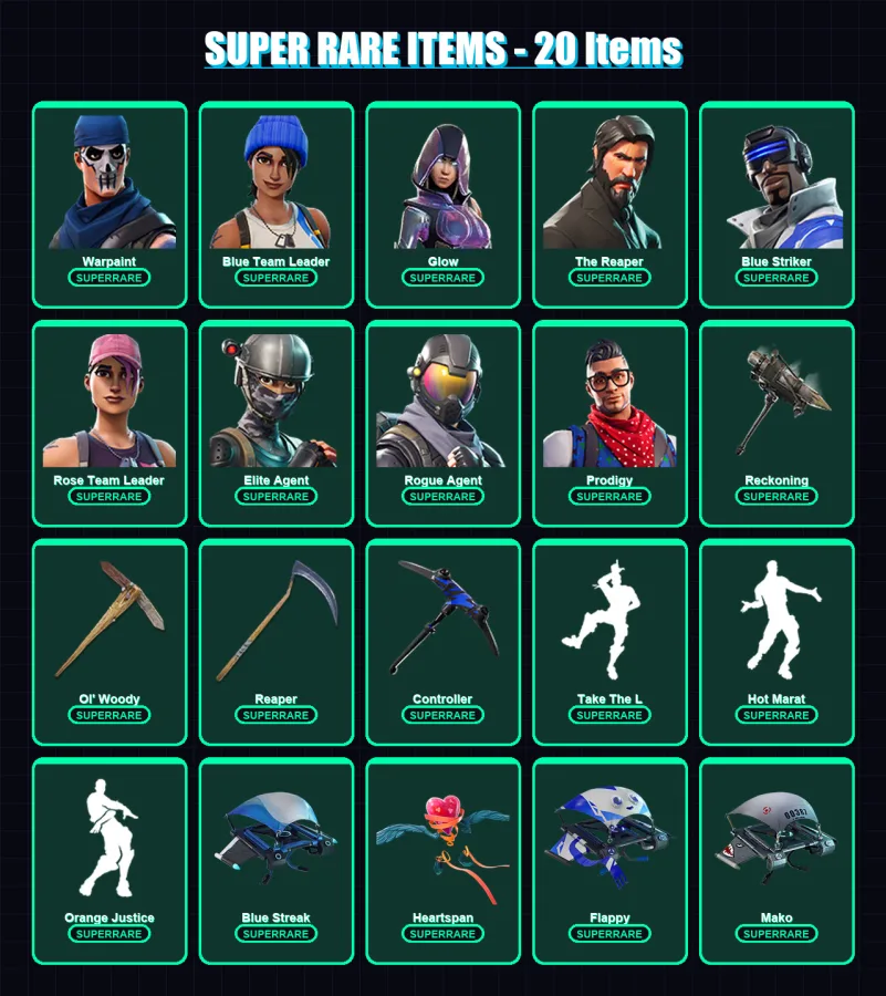 [PC/XBOX/PSN] | Warpaint | Blue Team Leader | Glow | The Reaper | Blue Striker | 96 skin | 73 pickaxe | 92 emote | 78 glider | Lv1057