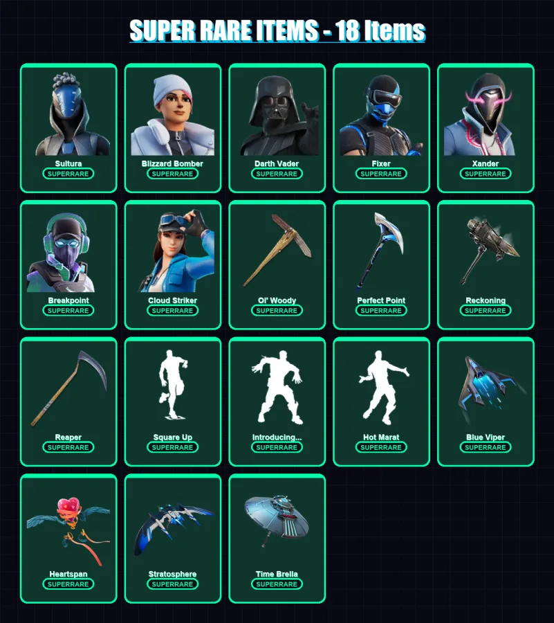 [PS4/PS5/XBOX/PC] | Sultura | Blizzard Bomber | Darth Vader | Fixer | Xander | 600 skin | 622 pickaxe | 438 emote | 382 glider | Lv7543