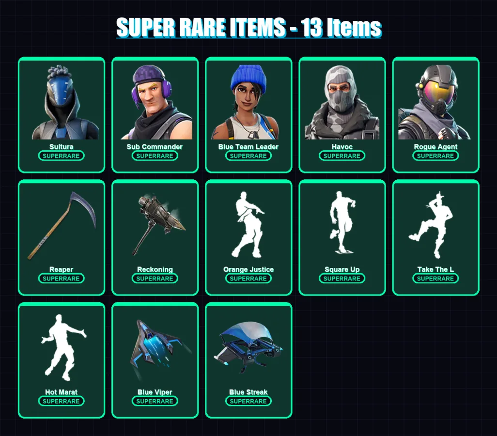 [PS4/PS5/XBOX/PC] | Sultura | Sub Commander | Blue Team Leader | Havoc | Rogue Agent | 85 skin | 82 pickaxe | 73 emote | 77 glider | Lv1160