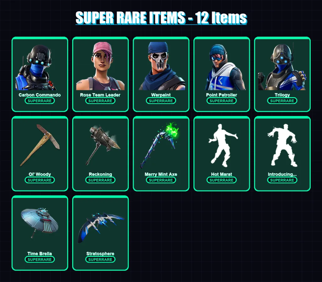 [PC] | Carbon Commando | Rose Team Leader | Warpaint | Point Patroller | Trilogy | 82 skin | 74 pickaxe | 83 emote | 74 glider | Lv1236 — Fortnite account