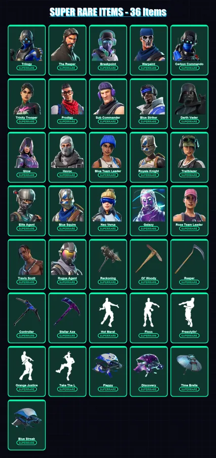 [PS4/PS5/XBOX/PC] | Trilogy | The Reaper | Breakpoint | Warpaint | Carbon Commando | 390 skin | 322 pickaxe | 261 emote | 240 glider | Lv6386