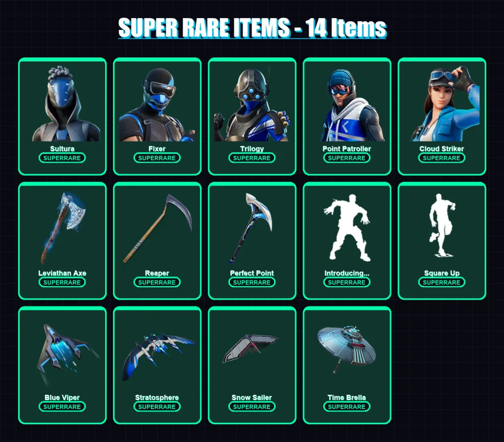 [PS4/PS5/XBOX/PC] | Sultura | Fixer | Trilogy | Point Patroller | Cloud Striker | 111 skin | 139 pickaxe | 119 emote | 121 glider | Lv1599