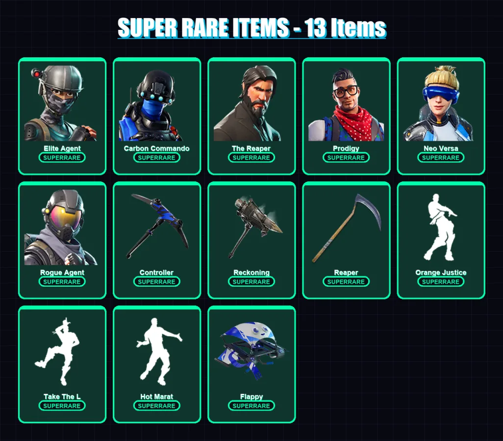 [PS4/PS5/XBOX/PC] | Elite Agent | Carbon Commando | The Reaper | Prodigy | Neo Versa | 102 skin | 84 pickaxe | 97 emote | 71 glider | Lv1130