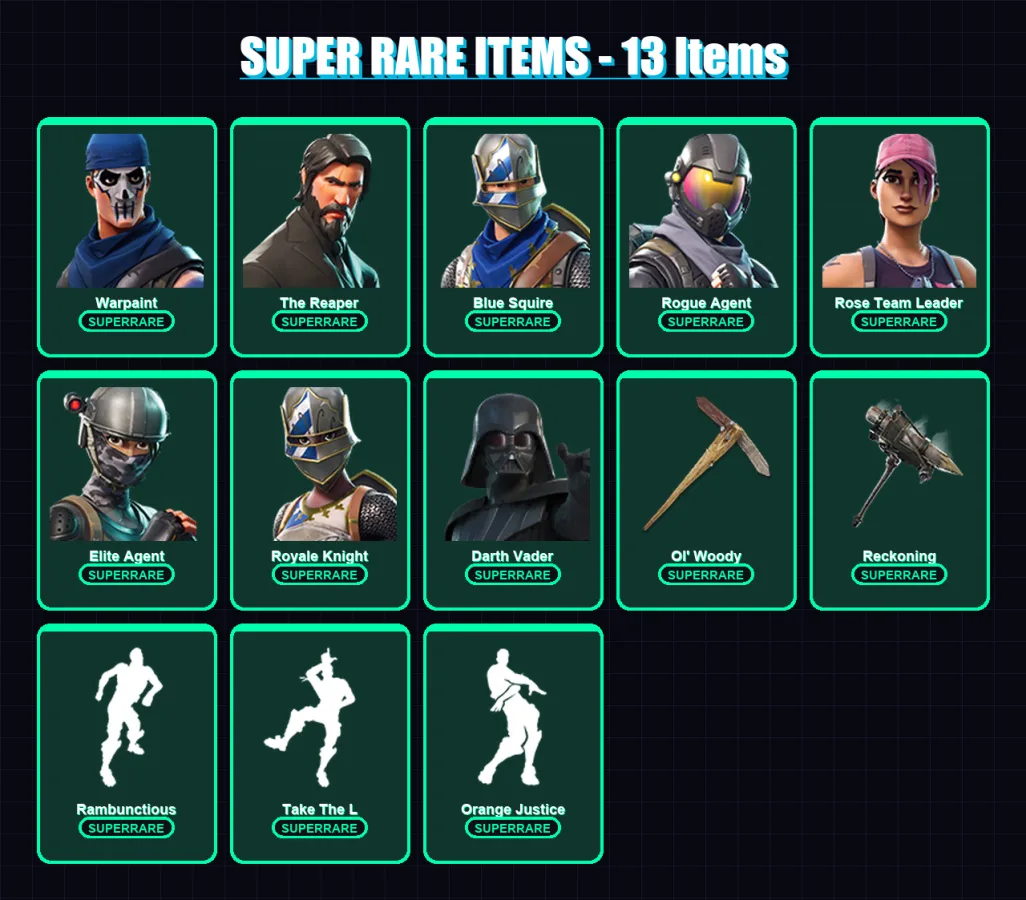 [PC] | Warpaint | The Reaper | Blue Squire | Rogue Agent | Rose Team Leader | 101 skin | 124 pickaxe | 96 emote | 107 glider | Lv1547
