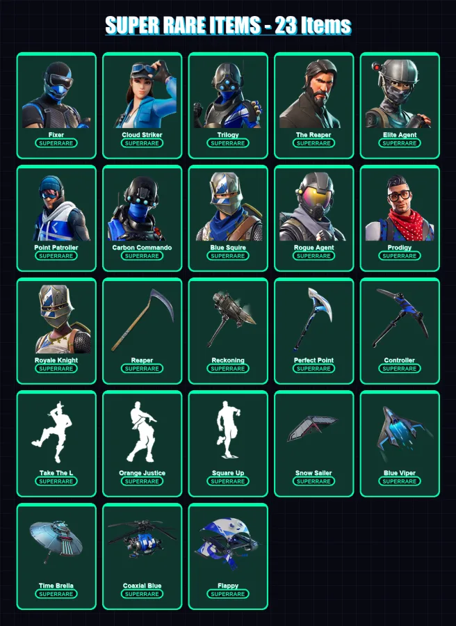 [PS4/PS5/XBOX/PC] | Fixer | Cloud Striker | Trilogy | The Reaper | Elite Agent | 108 skin | 141 pickaxe | 105 emote | 124 glider | Lv2006