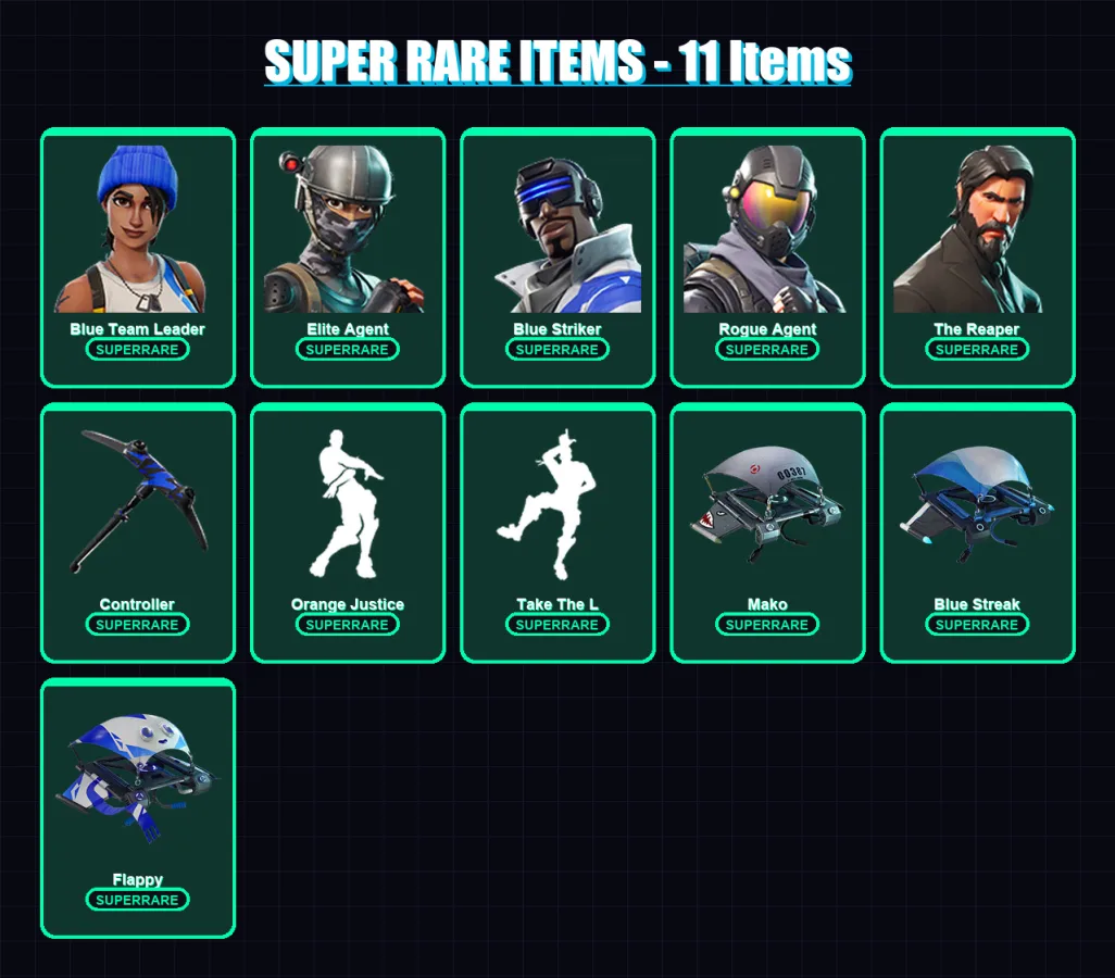 [SWITCH/XBOX/PSN/PC] | Blue Team Leader | Elite Agent | Blue Striker | Rogue Agent | The Reaper | 12 skin | 9 pickaxe | 15 emote | 17 glider | Lv238