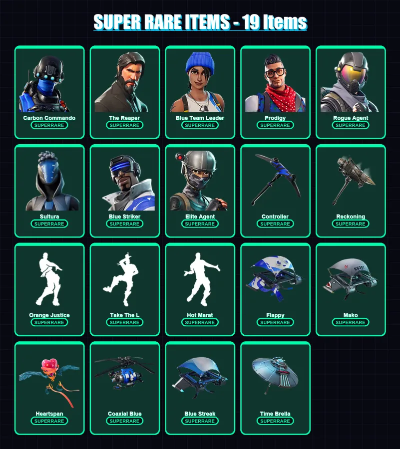 [PS4/PS5/XBOX/PC] | Carbon Commando | The Reaper | Blue Team Leader | Prodigy | Rogue Agent | 126 skin | 133 pickaxe | 120 emote | 142 glider | Lv18 — Fortnite account