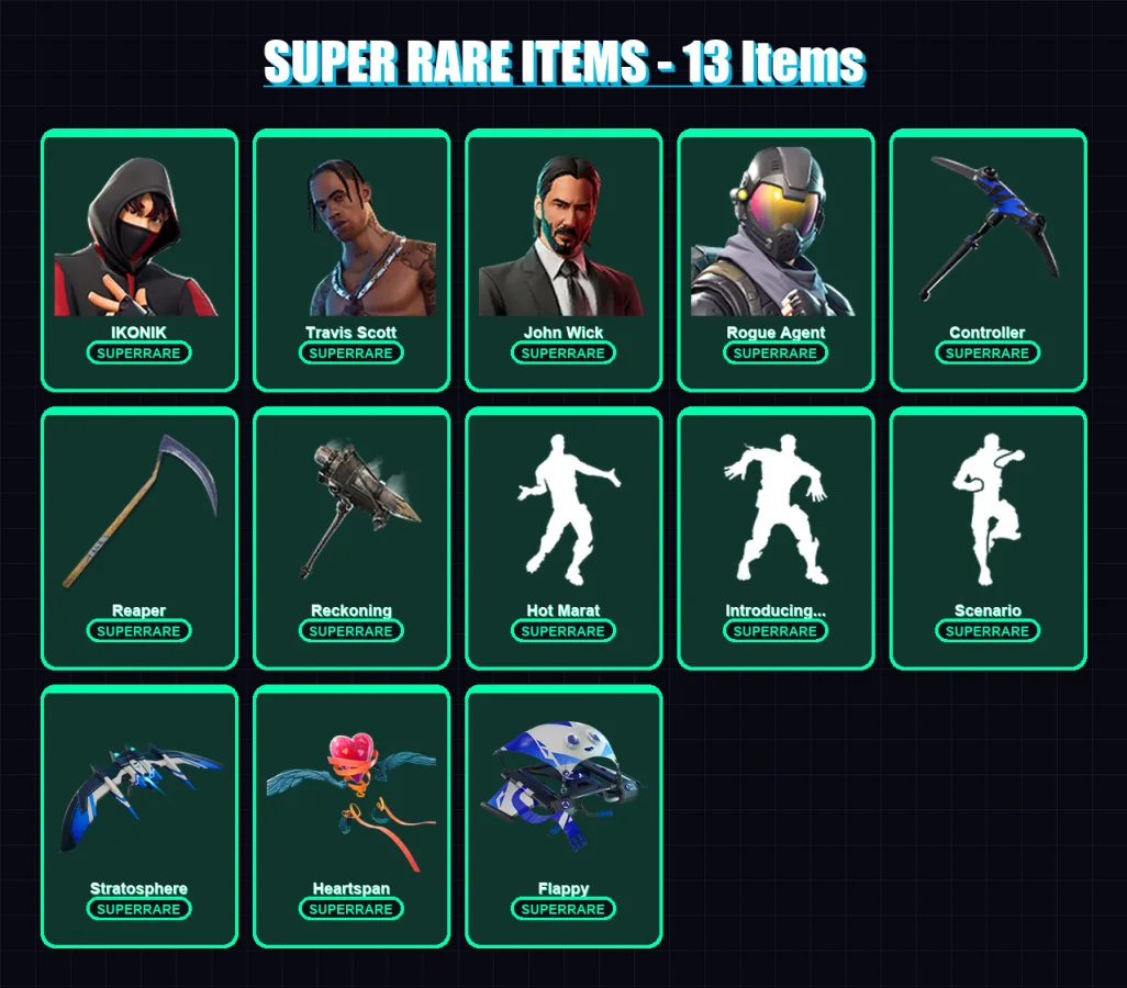 [PS4/PS5/XBOX/PC] | IKONIK | Travis Scott | John Wick | Rogue Agent | Sentinel | 185 skin | 96 pickaxe | 146 emote | 105 glider | Lv1229