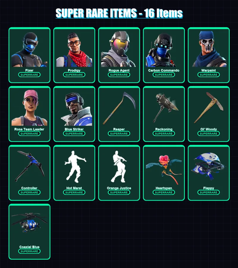 [PC] | Fixer | Prodigy | Rogue Agent | Carbon Commando | Warpaint | 80 skin | 84 pickaxe | 78 emote | 82 glider | Lv1176