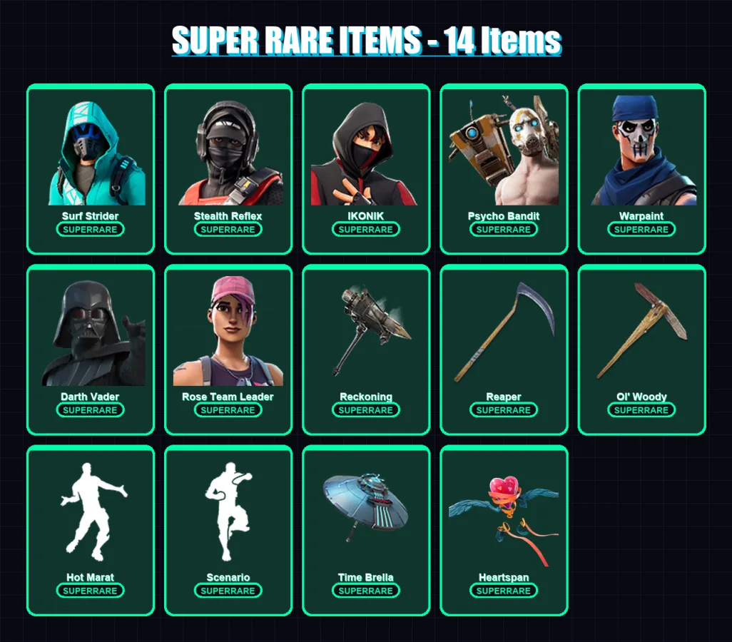 [PC/XBOX/PSN] | Surf Strider | Stealth Reflex | IKONIK | Psycho Bandit | Warpaint | 213 skin | 193 pickaxe | 180 emote | 177 glider | Lv2617