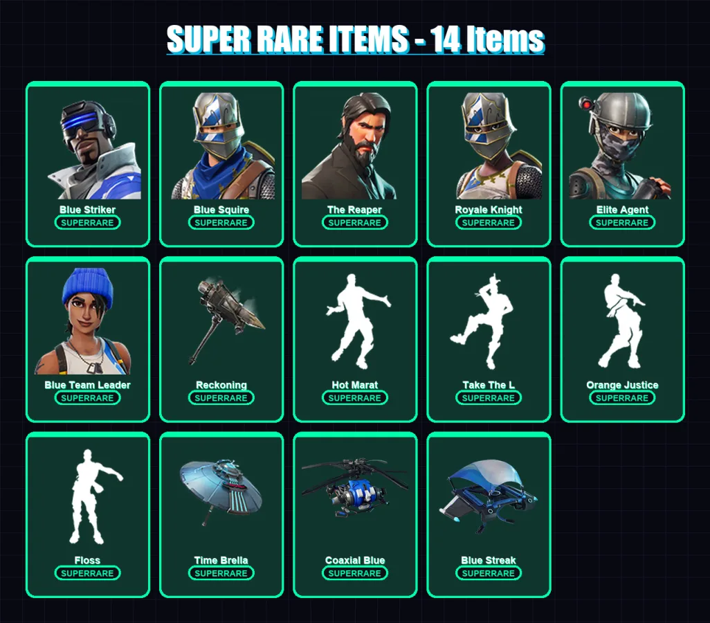 [PS4/PS5/XBOX/PC] | Blue Striker | Blue Squire | The Reaper | Royale Knight | Elite Agent | 124 skin | 130 pickaxe | 127 emote | 144 glider | Lv2620