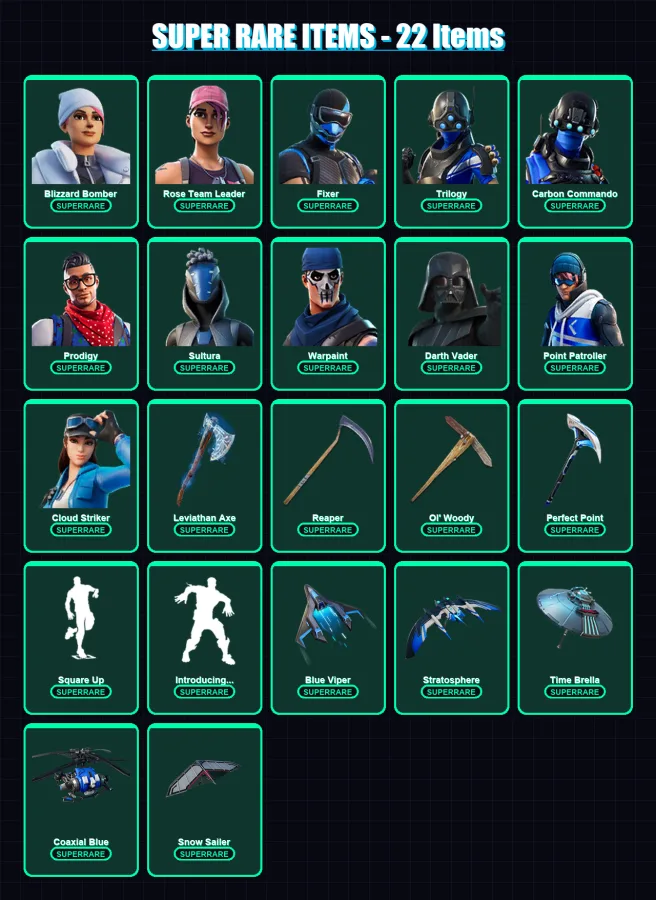 [PS4/PS5/XBOX/PC] | Blizzard Bomber | Rose Team Leader | Fixer | Trilogy | Carbon Commando | 255 skin | 291 pickaxe | 255 emote | 233 glider | Lv354