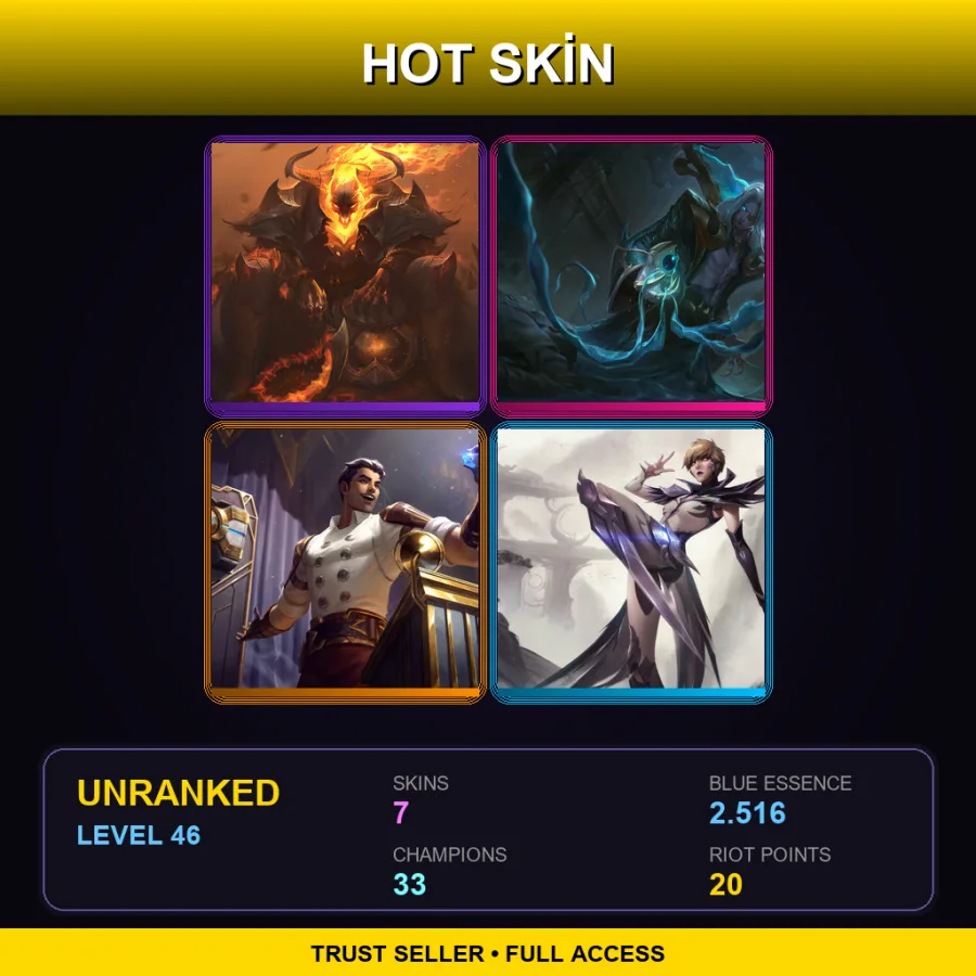 LAN | Lv46 | Unranked | 7 Skin | 33 Champ — LoL account