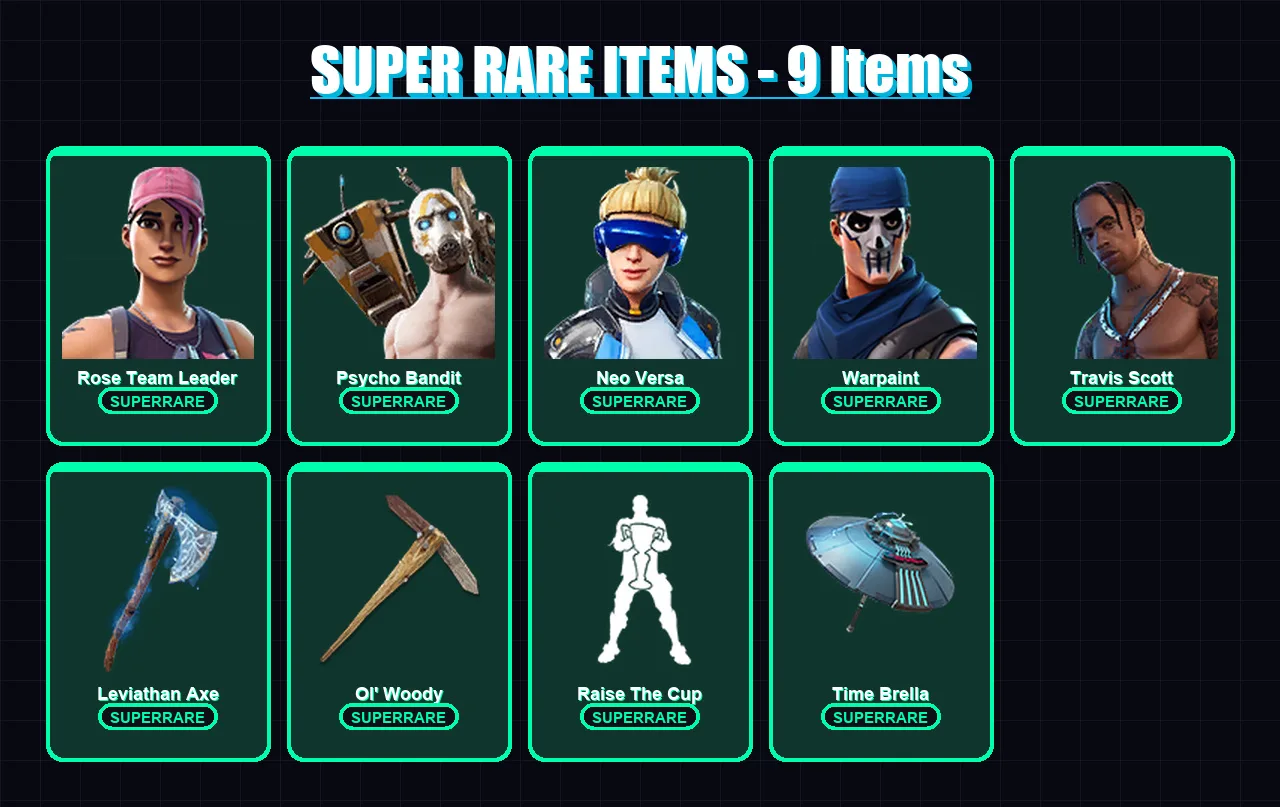 [PC/XBOX] | Rose Team Leader | Psycho Bandit | Neo Versa | Warpaint | Travis Scott | 94 skin | 126 pickaxe | 97 emote | 99 glider | Lv1584