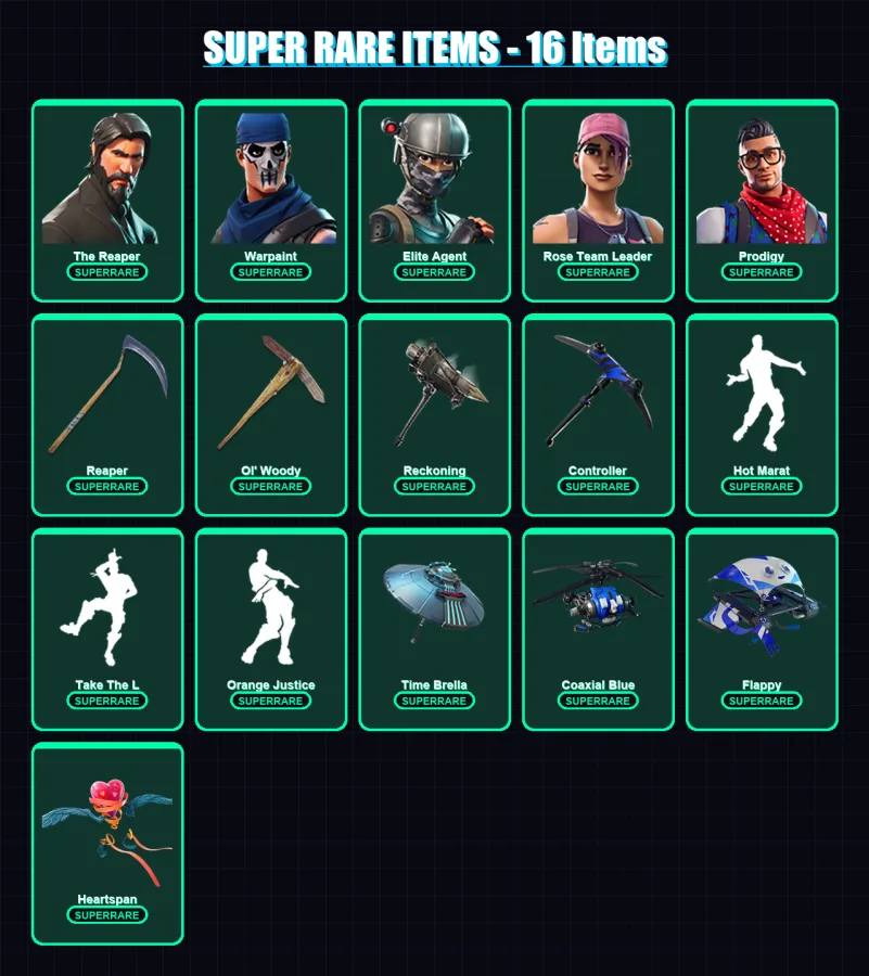 [PC/XBOX] | The Reaper | Warpaint | Elite Agent | Rose Team Leader | Prodigy | 100 skin | 116 pickaxe | 93 emote | 114 glider | Lv1675