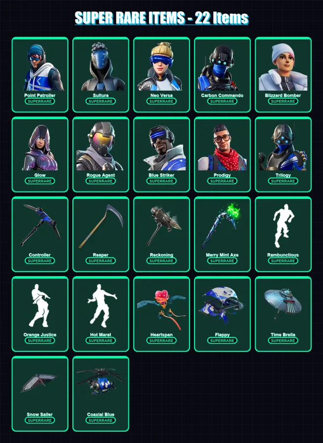 [PC] | Point Patroller | Sultura | Neo Versa | Carbon Commando | Blizzard Bomber | 182 skin | 185 pickaxe | 154 emote | 148 glider | Lv2274