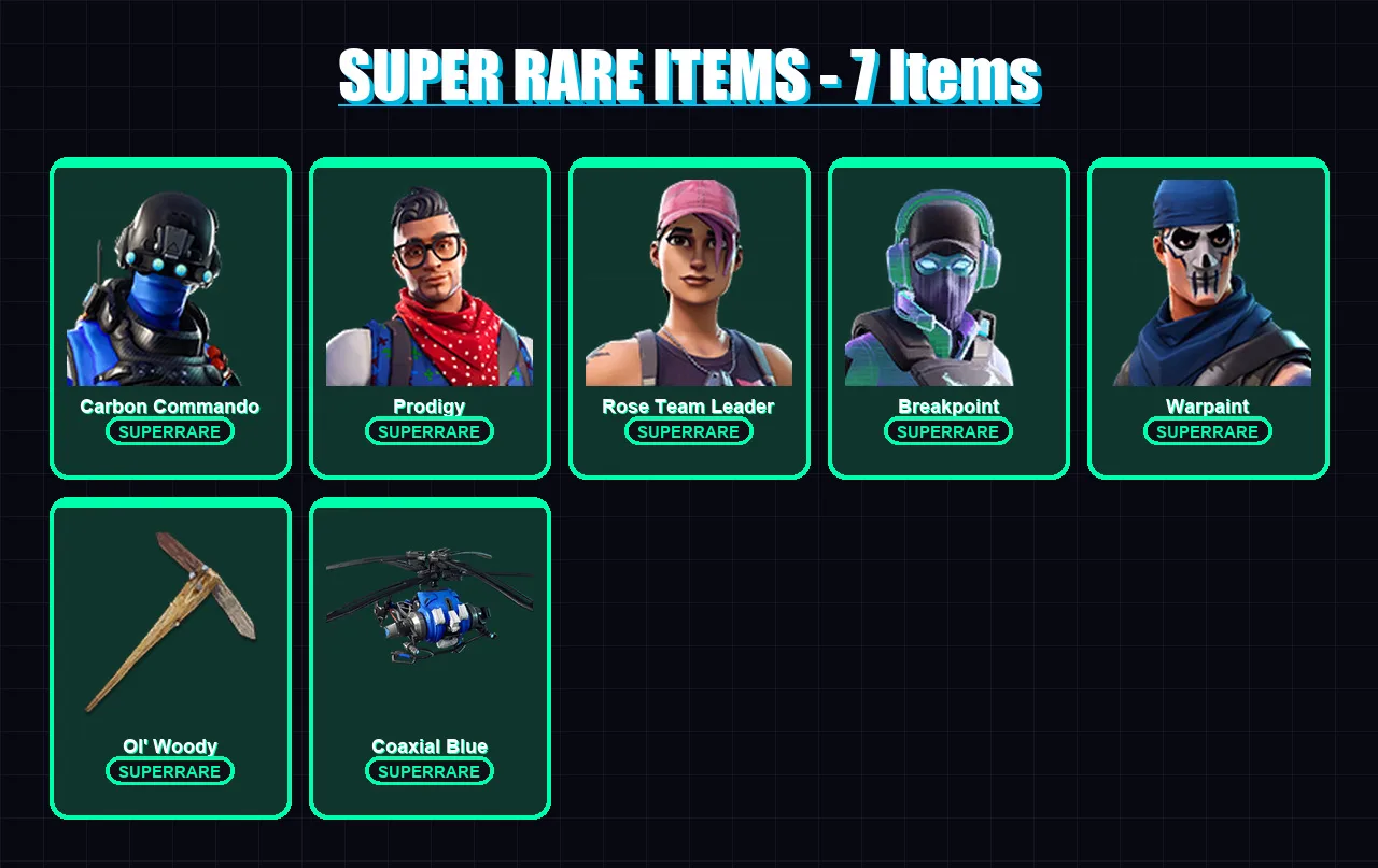 [PS4/PS5/XBOX/PC] | Carbon Commando | Prodigy | Rose Team Leader | Breakpoint | Warpaint | 33 skin | 32 pickaxe | 43 emote | 30 glider | Lv323