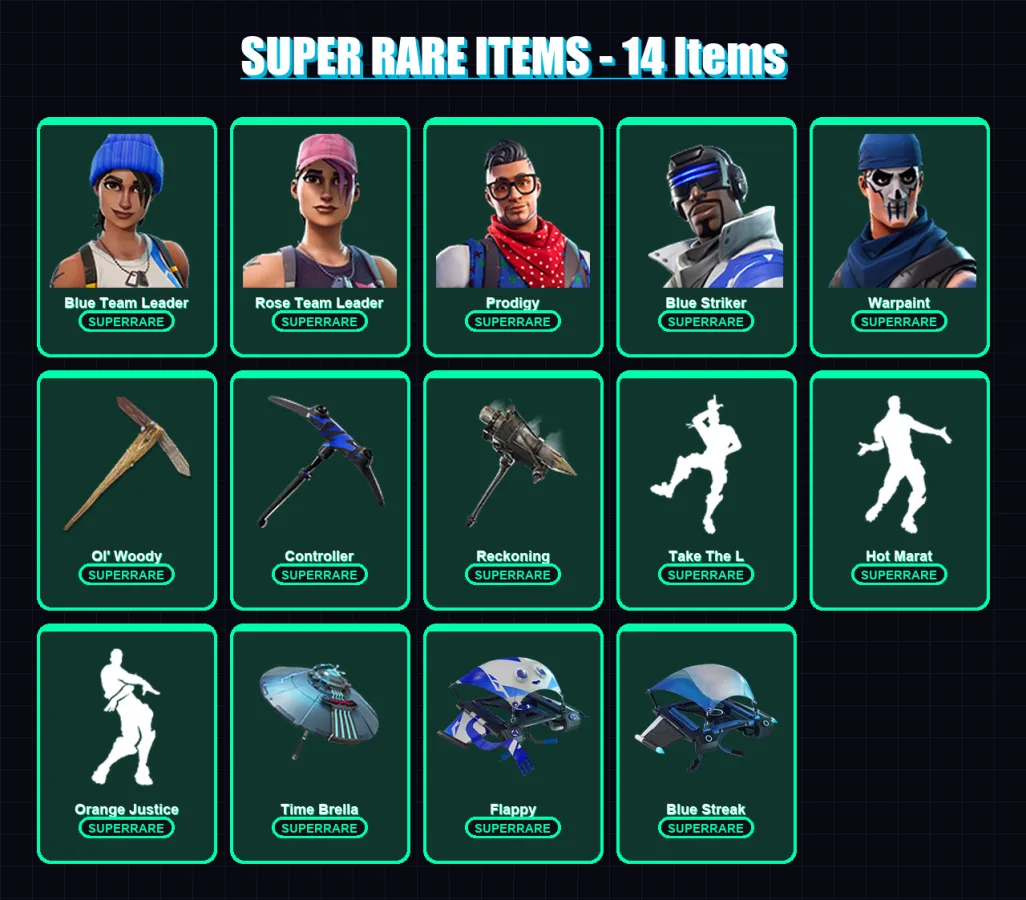 [PS4/PS5/XBOX/PC] | Blue Team Leader | Rose Team Leader | Prodigy | Blue Striker | Warpaint | 93 skin | 88 pickaxe | 81 emote | 84 glider | Lv1209