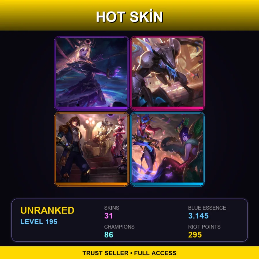 LAS | Dark Cosmic Lux | PROJECT: Warwick | King of Clubs Mordekaiser | Lunar Wraith Morgana | 31 Skin | 86 Champ | Lv195