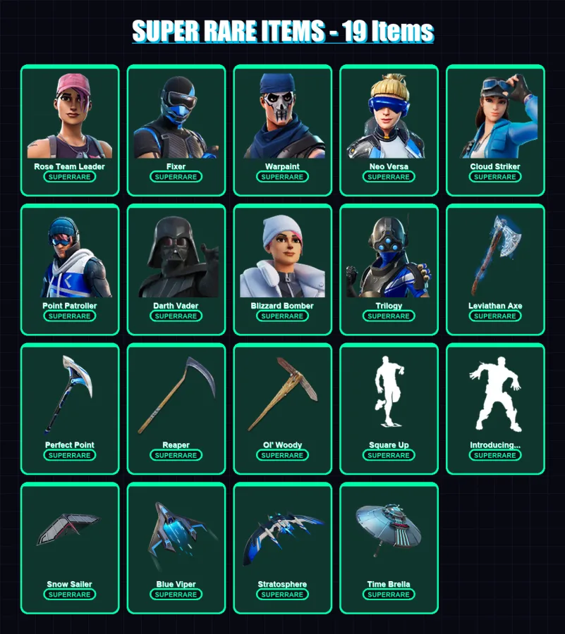 [PC] | Rose Team Leader | Fixer | Warpaint | Neo Versa | Cloud Striker | 259 skin | 227 pickaxe | 250 emote | 190 glider | Lv2455
