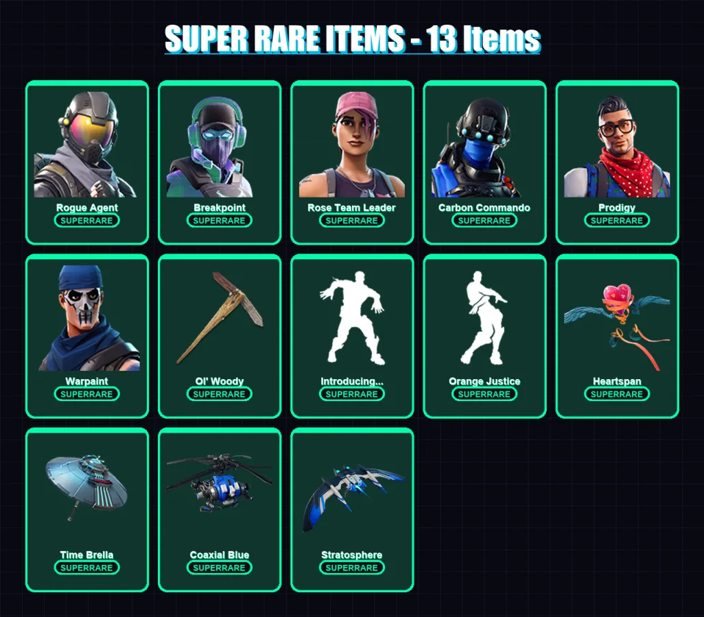 [PC/XBOX] | Rogue Agent | Breakpoint | Rose Team Leader | Carbon Commando | Prodigy | 112 skin | 130 pickaxe | 131 emote | 133 glider | Lv2110