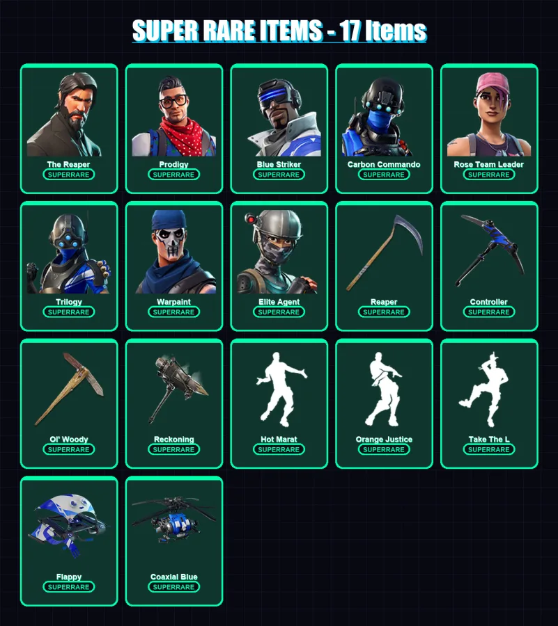 [PC/XBOX/PSN] | The Reaper | Prodigy | Blue Striker | Carbon Commando | Rose Team Leader | 177 skin | 164 pickaxe | 160 emote | 156 glider | Lv2760 — Fortnite account