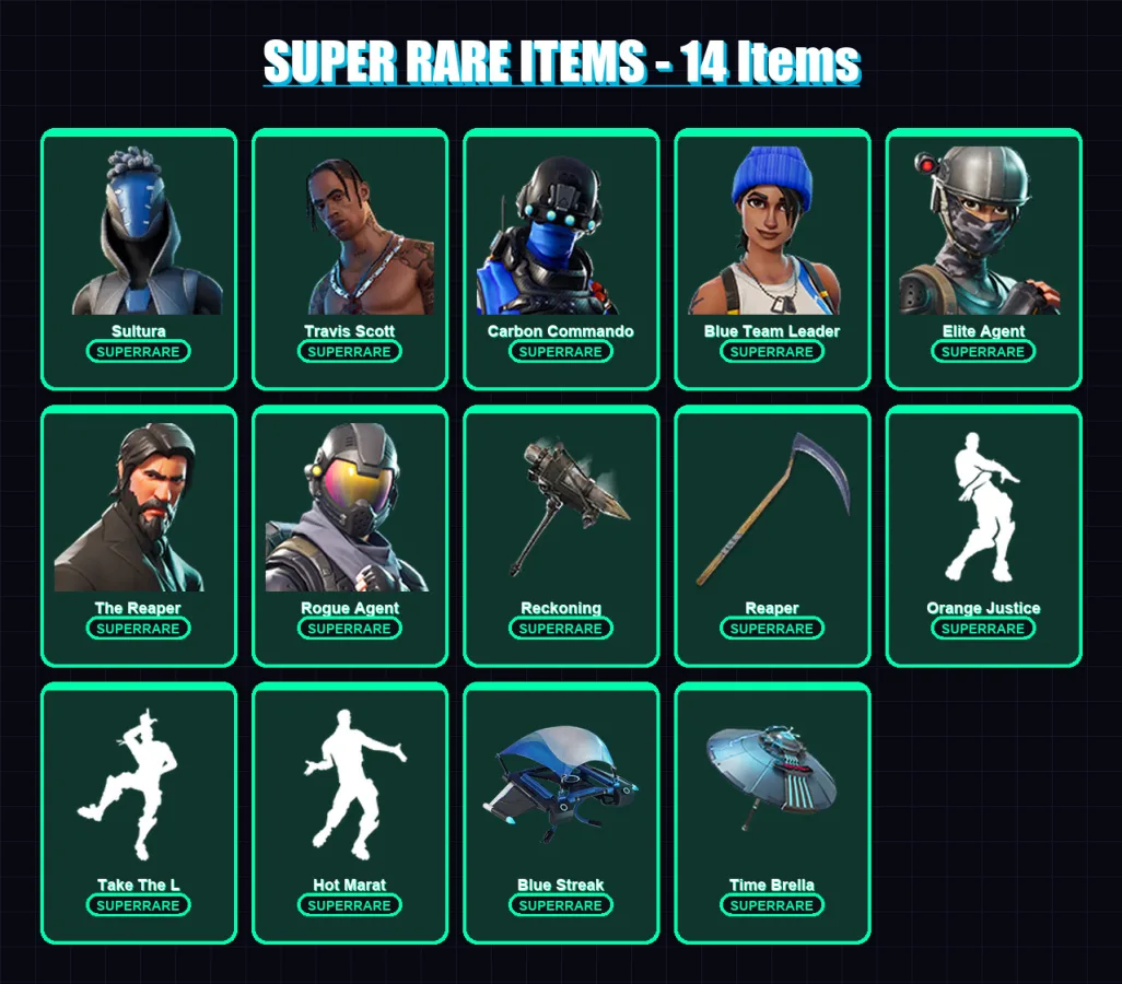 [PS4/PS5/XBOX/PC] | Sultura | Travis Scott | Carbon Commando | Blue Team Leader | Elite Agent | 99 skin | 94 pickaxe | 112 emote | 87 glider | Lv138