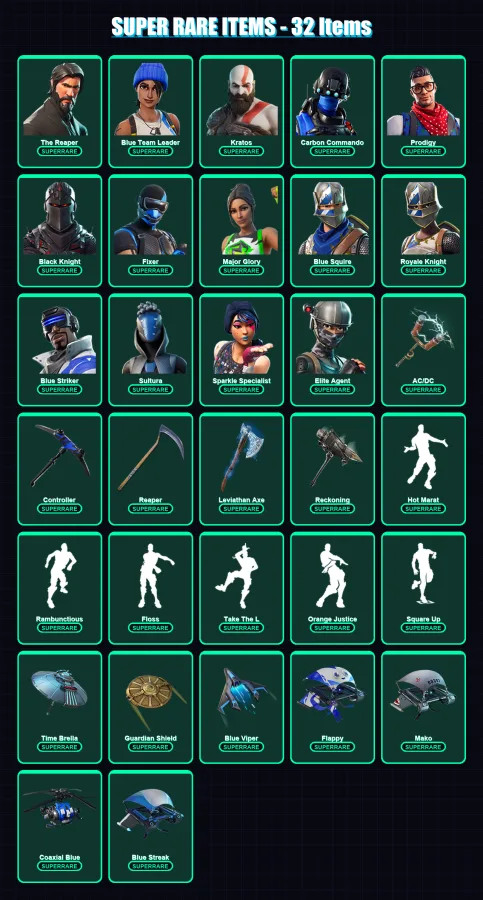[PS4/PS5/XBOX/PC] | The Reaper | Blue Team Leader | Kratos | Carbon Commando | Prodigy | 84 skin | 70 pickaxe | 85 emote | 69 glider | Lv975