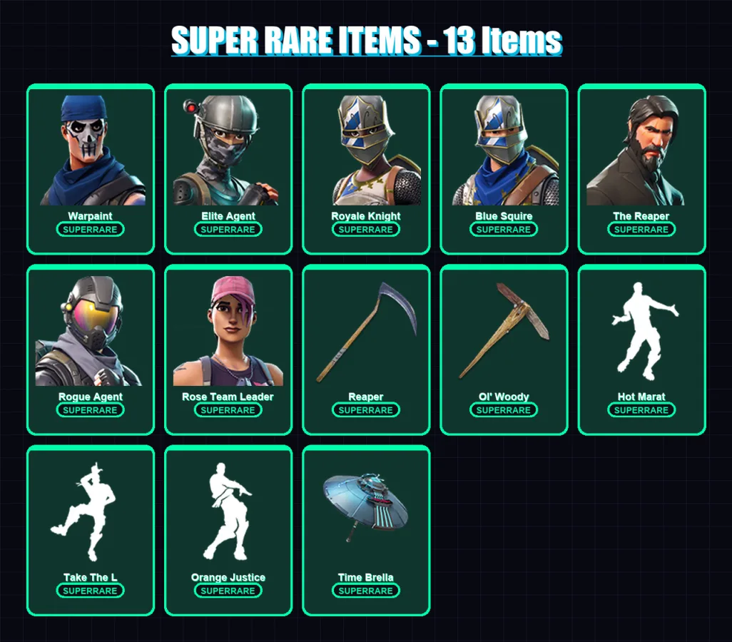 [PC/XBOX/PSN] | Warpaint | Elite Agent | Royale Knight | Blue Squire | The Reaper | 69 skin | 75 pickaxe | 64 emote | 78 glider | Lv1025