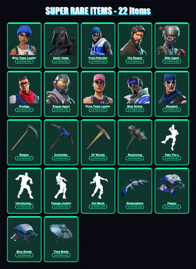 [PC/XBOX/PSN] | Blue Team Leader | Darth Vader | Point Patroller | The Reaper | Elite Agent | 104 skin | 91 pickaxe | 92 emote | 89 glider | Lv1227 — Fortnite account