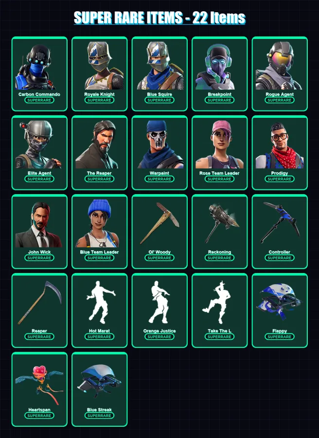 [PS4/PS5/XBOX/PC] | Carbon Commando | Royale Knight | Blue Squire | Breakpoint | Rogue Agent | 162 skin | 92 pickaxe | 110 emote | 99 glider | Lv154