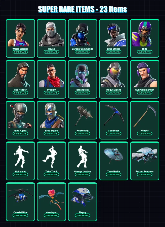 [PS4/PS5/XBOX/PC] | World Warrior | Havoc | Carbon Commando | Blue Striker | Blitz | 182 skin | 146 pickaxe | 150 emote | 111 glider | Lv1454