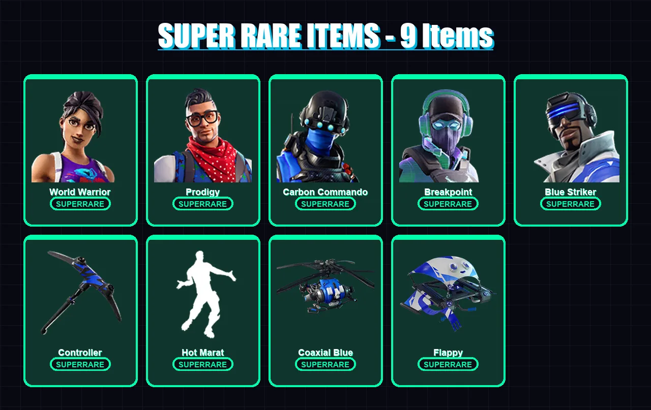 [PC/PSN] | World Warrior | Prodigy | Carbon Commando | Breakpoint | Blue Striker | 59 skin | 50 pickaxe | 75 emote | 55 glider | Lv726