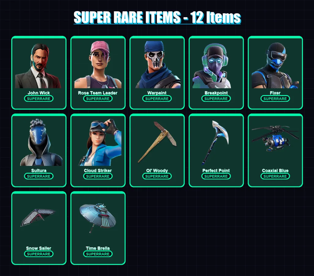 [PS4/PS5/XBOX/PC] | John Wick | Rose Team Leader | Warpaint | Breakpoint | Fixer | 180 skin | 214 pickaxe | 189 emote | 173 glider | Lv2988